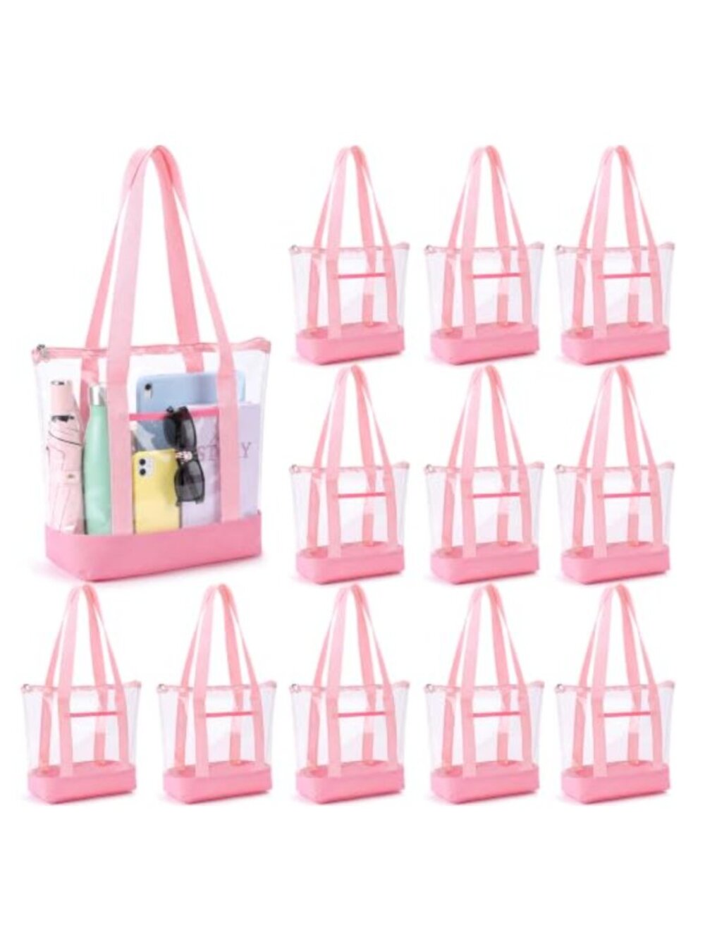 12 Pack Clear Tote Bags with Zipper, Travel Stadium Approved, Bulk